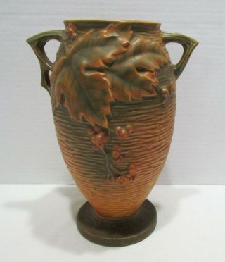 Roseville Pottery Bushberry Russet Vase 35 - 9 Vintage Double Handled Oak Leaves