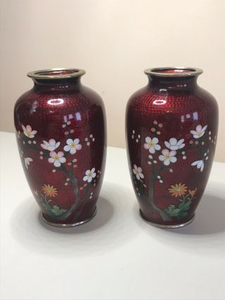 2 Vintage Japanese Sato Ginbari Cloisonne Vases & Plate Red with Flower Design 2