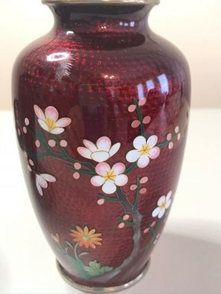 2 Vintage Japanese Sato Ginbari Cloisonne Vases & Plate Red with Flower Design 3