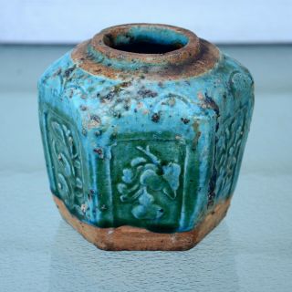Antique Chinese Blue Glaze Pottery Tea Jar Four Seasons Flowers Pattern