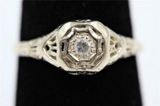Vintage Art Deco Filigree 14k Solid White Gold Authentic Diamond Size 7 Ring