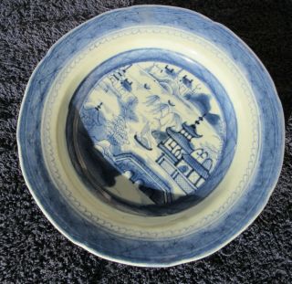 Rare Antique Chinese Export Porcelain Canton Blue And White 9 " Plate / Bowl