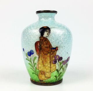 19th Century Antique Japanese Ginbari Cloisonne Vase - Small Signed Enamel Geisha