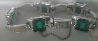 Vintage Art Deco Signed Crown Trifari Rhinestone Emerald Green Bracelet 1930s