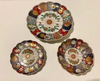 Japanese Imari Arita Ware Hand Painted Porcelain Plates & Bowls Set Of 3