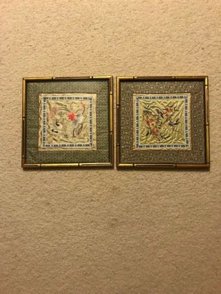 Pair Antique Chinese Oriental Silk Flower Birds Stitch Embroidery Panels Framed