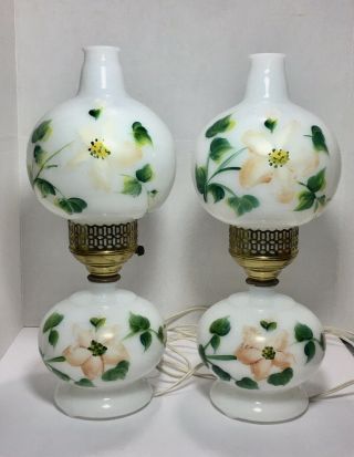 Vintage Pair Lamp Hand Painted Flowers Hurricane W / Night Light Set Of 2
