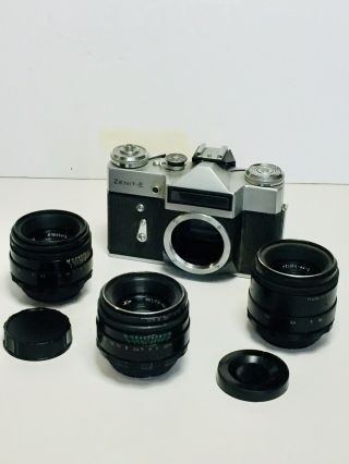 3 Vintage Helios 44 - 2 58mm F2 Ussr Russian Lenses,  Zenit - E Slr Camera Body