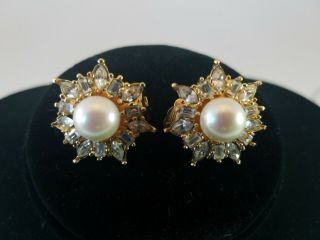 Stunning Vintage Signed Christian Dior Clip On Earrings Rhinestones & Faux Pearl