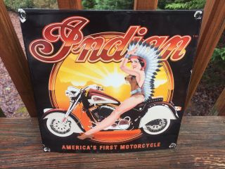 Vintage Indian Motorcycle Heavy Porcelain Sign Gas & Oil 11.  5”x 11.  5”