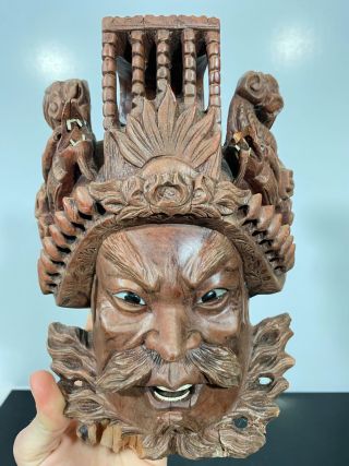 Vtg RARE Chinese Carved Wood Emperor Mask Art Statue Sculpture 3