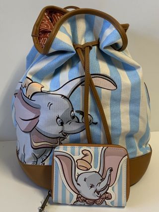 Loungefly Disney Dumbo Stripe Canvas Drawstring Bucket Bag Backpack,  Wallet