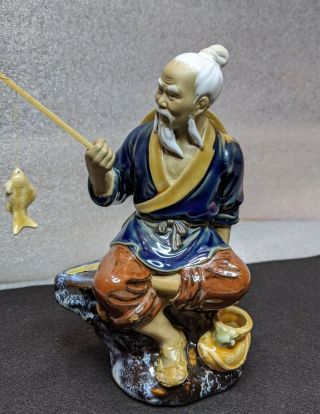 Vintage Chinese Shiwan Pottery Mudman Figure Fisherman With Fishing Pole