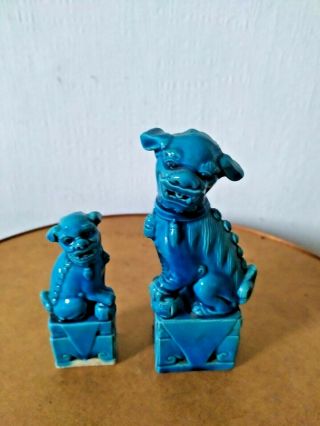 Antique Pair Chinese Porcelain Guardian Lion Foo Dogs Turquoise Blue Statues