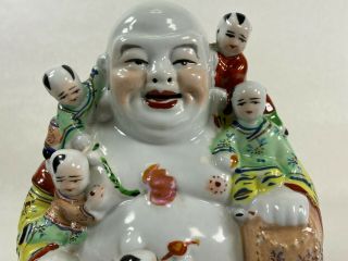 Vintage Chinese Porcelain Laughing Buddha With Five Children Statue