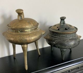 2 Antique Chinese Brass / Bronze Censer / Incense Burners Xuande Period Markings