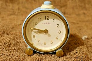 Vintage Alarm Clock Ruhla Made In Germany,  Wind Up Mechanical Sky Blue Color 14