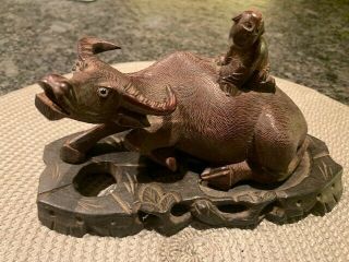 Vintage Chinese Wood Statue Of A Boy On A Water Buffalo/ox