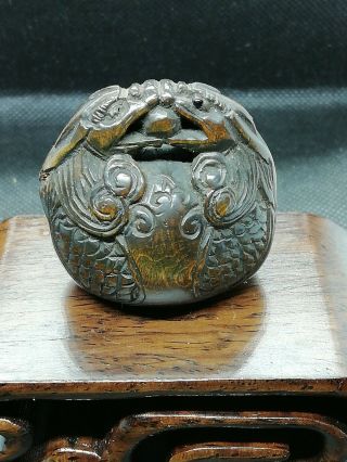Japanese Netsuke Meiji Period Wood Carving Dragon Head Temple Bell