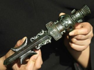 Chinese Old Natural Jade Hand - Carved Statue Dragon Sword Axe Pendant 9.  9 Inch