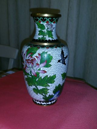 Antique Chinese Cloisonne Vase Handmade With Bird And Flowers.