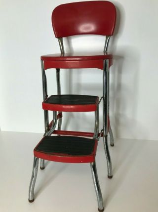 Vintage Cosco Red Chrome Kitchen Step Stool Chair,  Retro,  Counter,  Sliding Steps