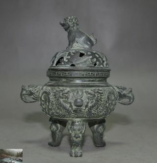 Marked Old Chinese Bronze Dragon Foo Dog Lion Beast Statue Incense Burner Censer