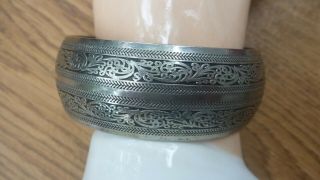 Vintage Antique Wide Ornate Chinese China Marked Sterling Silver Cuff Bracelet