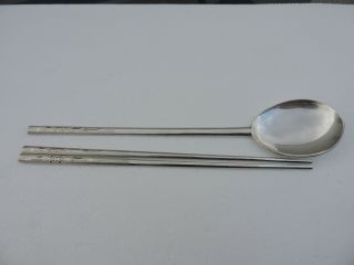Vintage Solid Silver 700 Korean H - Chasedd Spoon & Chopstick Set 93 Gr 3.  28 Oz