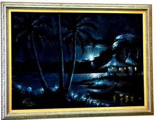 Vtg Black Velvet Painting Tropical Tiki Village Landscape Artist Signed Mcm