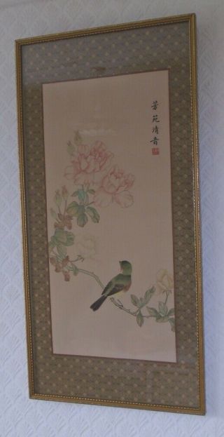 Antique Chinese Hand Embroidered Silk Panel Exotic Bird Flowers Signed Stunning