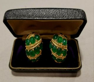 Vtg 1950s Signed & Numbered Boucher Emerald Cabochon Faux Gold Clip On Earrings