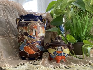 Japanese Meiji Satsuma Pottery Vase And Incense Burner Vintage Antique Censer