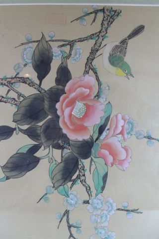 Vintage Japanese Hand Painted Bird Flowers Silk Painting,  Framed,  Signed