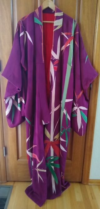 Vintage Hand Sewn Brocade Silk Kimono Eggplant Purple Bamboo Metallic Red Lining