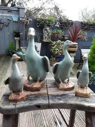 Vintage Set Of Four Chinese Celedon Duck Figurines