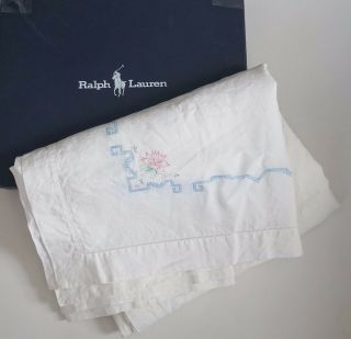 Vintage Ralph Lauren Italy Floral Trim 100 Linen Rectangular Tablecloth