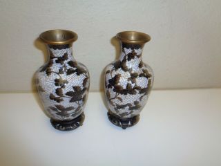 Vintage Set Of 2 China Cloisonne Vases Black White Leaves