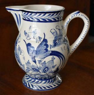Lovely Vintage Hand Painted Blue & White Delft Pottery Pitcher Bird Floral Motif
