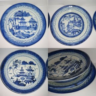 3 Antique Canton Chinese Blue & White Export Porcelain Saucers Small Plates 1810