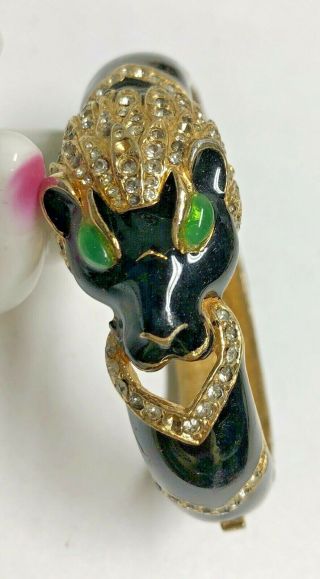 Vintage Ciner Black Panther Enamel & Rhinestone Green Eyed Hinged Bracelet