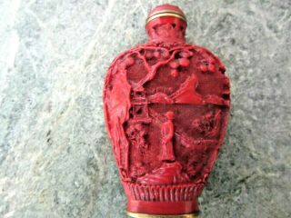 Vintage Chinese Carved Cinnabar On Brass Snuff Perfume Bottle Empty 2 3/4 " Tall