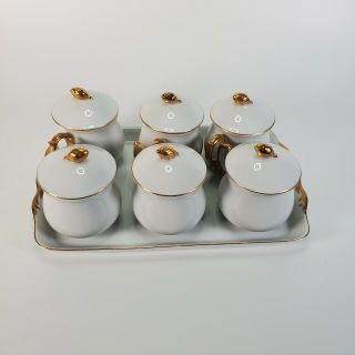 6 Vintage Shafford Porcelain Pot De Creme With Tray | France Italy | Gold Accent