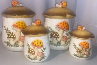 Vintage Ceramic Merry Mushroom Set Of 4 Canisters Sears And Co.  1978 Japan Euc