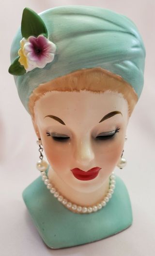 Vintage 1960 Napco " Grace Kelly " In Aqua Turban Head Vase Headvase