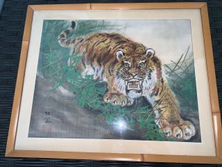 Antique Hand Painted Chinese Bengal Tiger On Silk Signed Bamboo Framed