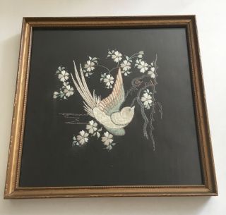 Vintage Japanese Bird Embroidery Framed Oriental Boho Chic