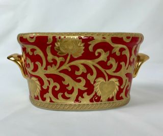 Vintage Amita Chinese Porcelain Oval Planter Red W/gold Scroll Pattern 2 Handles