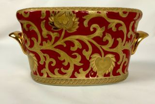 Vintage AMITA Chinese Porcelain Oval Planter Red W/Gold Scroll Pattern 2 Handles 2