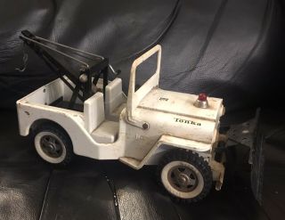 Vintage White Metal Tonka Jeep Wrecker Tow Truck With Plow